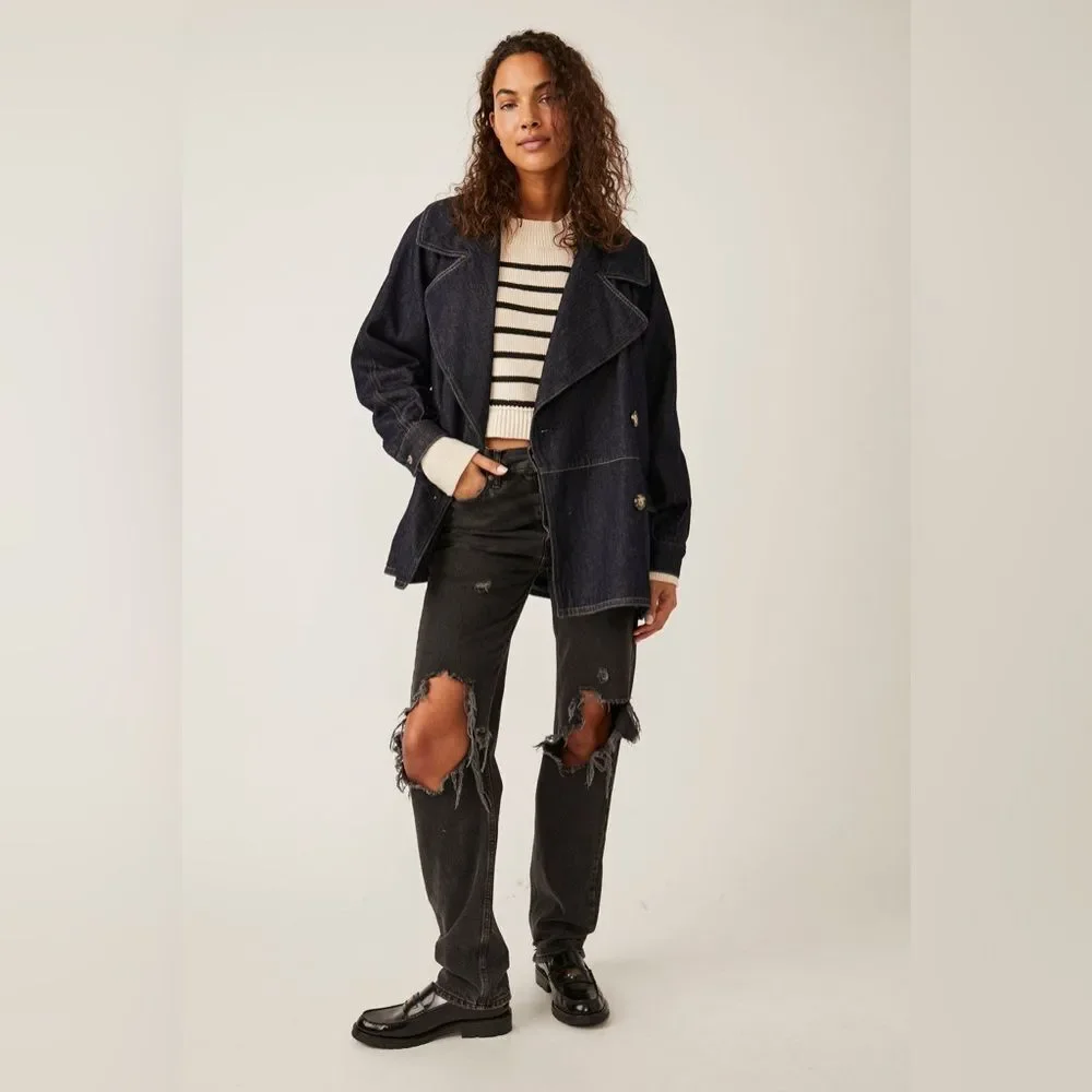 NWOT Free People Denim Car Coat in Rinse Wash Blue Oversized Sz XS 100% cotton
